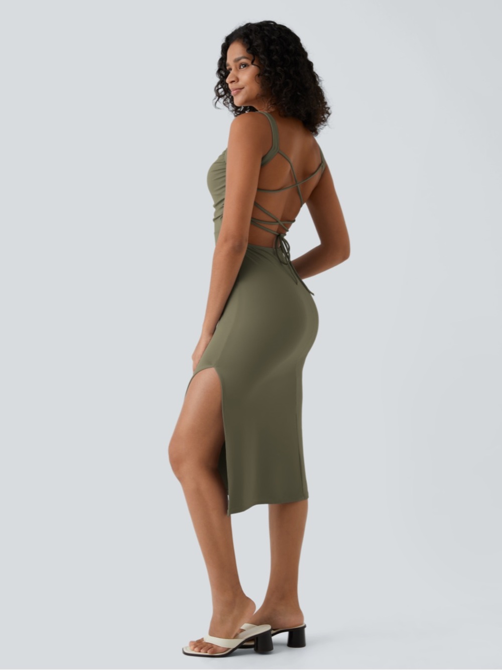 Halara SoftlyZero™ Airy Ruched Lace Up Bodycon Midi Casual Dress - Picture 2 of 5